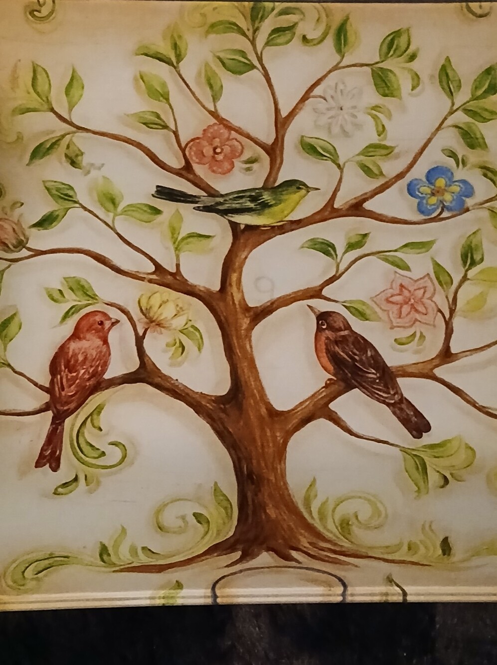 Hand-Painted Tree with Birds Glass Art - Multicolor